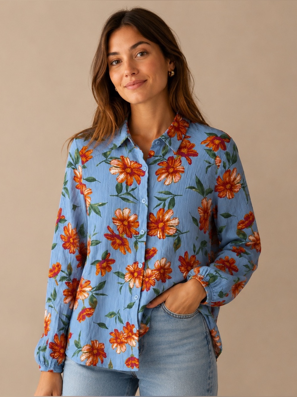 A Love Story Floral Cotton Gauze Button Up Blouse Blue Medium Boho